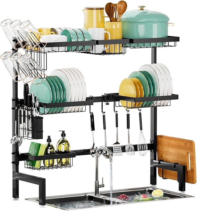 Over The Sink Dish Drying Rack,Expandable Length 3-Tier Large Stainless Steel Over The Sink Dish Rack with 6 Baskets, Utensil Holder Dish Drainers for Kitchen Counter