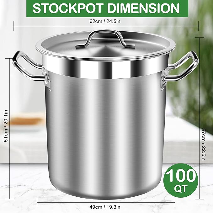Extra-Large Stainless Steel Stock Pot – Commercial Heavy Duty Soup Pot with Lid, 3-Ply Base for Fast Heating, Ideal for Seafood Boils and Outdoor Cooking - 100 Quart