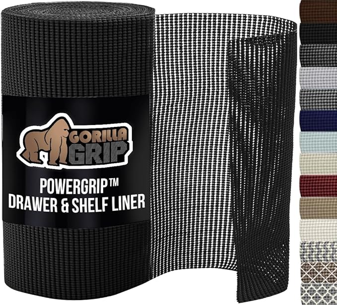 GORILLA GRIP powerGRIP Drawer Shelf and Cabinet Liner, Thick Strong Hold, Non-Adhesive Liners Protect Kitchen Cabinets and Cupboard, Bathroom Drawers, Easy Install, Breathable Mat, 17.5" x30', Black