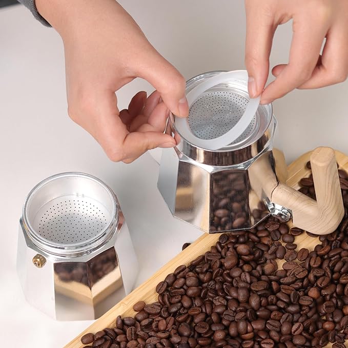 Sivaphe 9 Cup Stovetop Espresso Coffee Maker Replacement Infuser Parts Only for 450ml Aluminum Italian Moka Pot, 1 Filter and 3 Silicone Gasket Seals