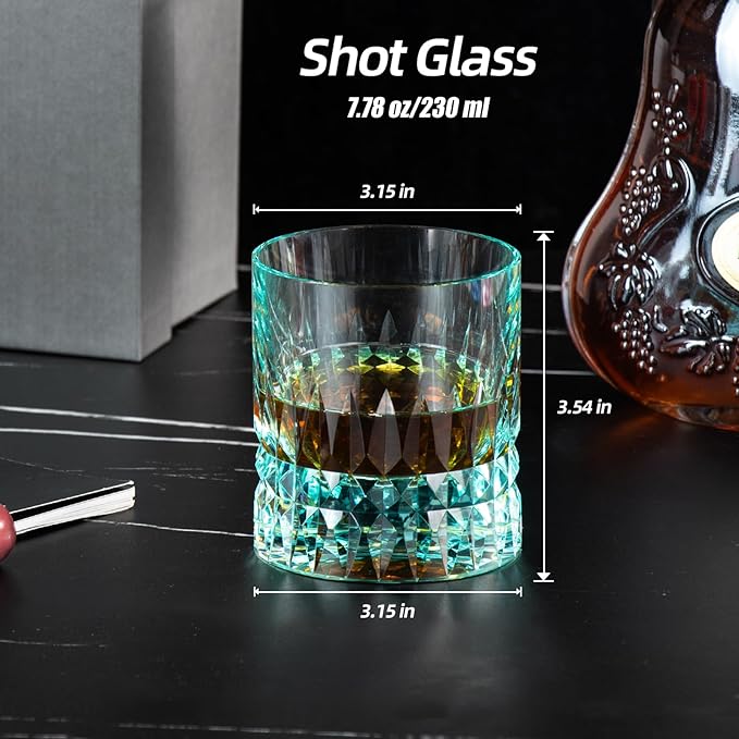 KAMMAK Crystal Whiskey Glasses Set, 7.8 oz (230 ml) Hand Blown Old Fashioned Tumbler, Thick Base Colored Glass with Delicate Rim & Seamless Design for Scotch, Bourbon, Cocktails, Aqua Green