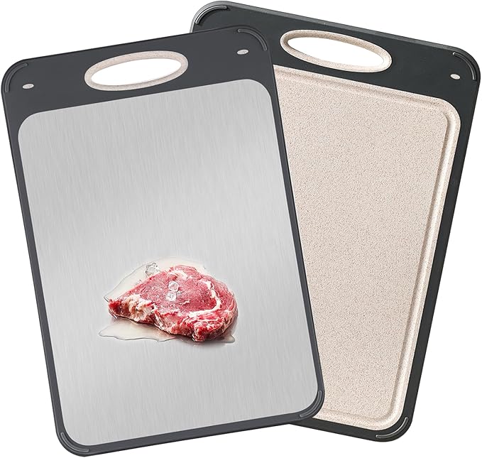 GUANCI Cutting Board for Kitchen Double Sided 304 Stainless Steel Chopping Board Food-Grade Stainless Steel and Wheat Straw PP Samll Size 14’’×9.6’’ Easy to Clean