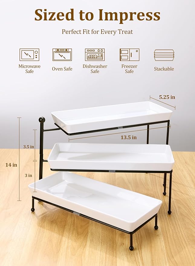 Yedio 3 Tiered Serving Stand, Foldable Rectangular Food Display Stand with White Platters - Serving Trays, Dessert Display Server for Brithday Party, Valentine's Day and Events