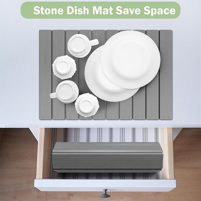 Stone Dish Drying Mat for Kitchen Counter,24"(L)×16"(W) Collapsible Fast-Drying Diatomaceous Earth Mats with Towel Sanding Tool,Versatile Stone Drying Mats for Cups Dishes Bottles