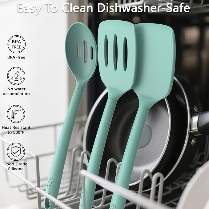 Coukre Silicone Kitchen Cooking Utensils Set with Holder – Heat-Resistant, Food-Grade Kitchen Tools, Spatula, Spoon & Gadgets for Non-Stick Pans, Dishwasher Safe (14, PureAquaGreen)