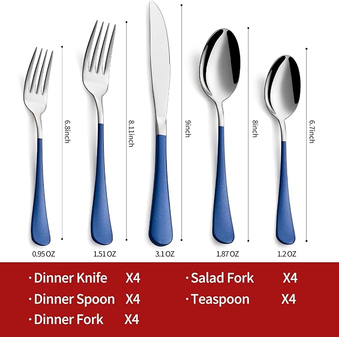 Colorful Silverware Set 20 Piece 18/0 Stainless Steel Flatware Sapphire Blue Handle Cutlery Set Service for 4 Fork Knife Spoon Set Mirror Finish Dishwasher Safe
