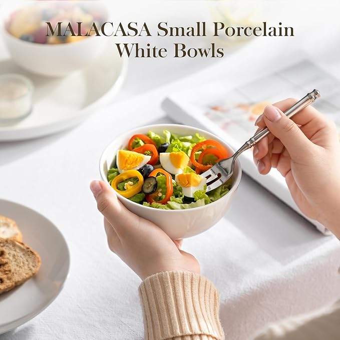MALACASA Small White Ceramic Bowls Set of 8, 14 OZ Compact Dessert Bowls Rice Bowls Set, Ceramic Bowl for Ice Cream, Soup, Cereal, Side Dishes, Dishwasher & Microwave Safe