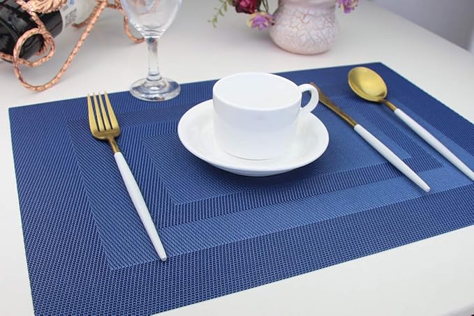 PIGCHCY Placemats,Washable Woven Vinyl Placemats for Dining Table,Easy to Clean Plastic Durable Placemats Set of 6 (18 x 12 inchesches, Navy Blue)