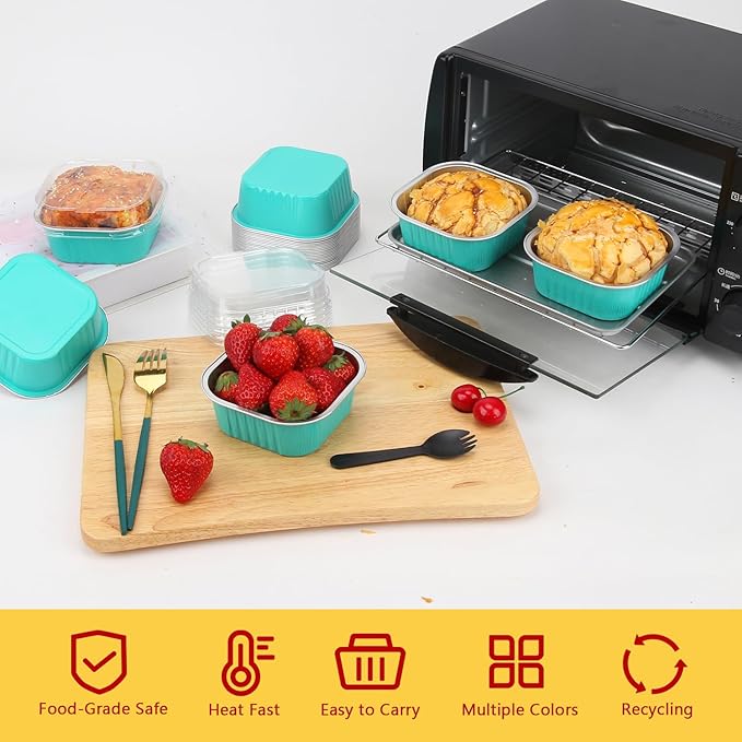 LNYZQUS 120pack/10oz Foil Mini Cake Tins with Lids 4”X4” Small Cake Baking Pans Cupcake Containers,Disposable Ramekins Mini Aluminum Brownie Pan Large Muffin Cups Holders-Cyan Blue