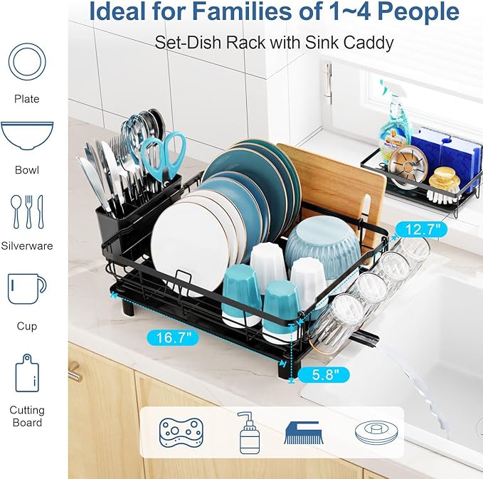 GSlife 2 in Set of Dish Drying Rack and Sink Caddy - Dish Rack for Kitchen Counter with Slots, Utensil Holder, Cup Holder, Cutting Board Holder, Black