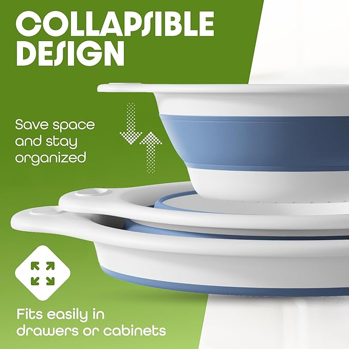 Collapsible Colanders (2 Pack Set) Food Strainers with Over-Sink Water Draining Base for Pasta Fruits and Vegetables (4 and 5 Quart) - White Blue