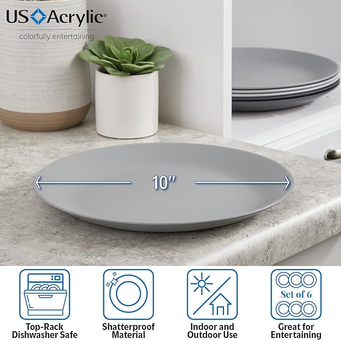 US Acrylic Everest Ultra-Durable Plastic 10 inch Dinner Plates in Grey Stone | Set of 6 Reusable, BPA-Free, Made in the USA, Dishwasher Safe Dinnerware