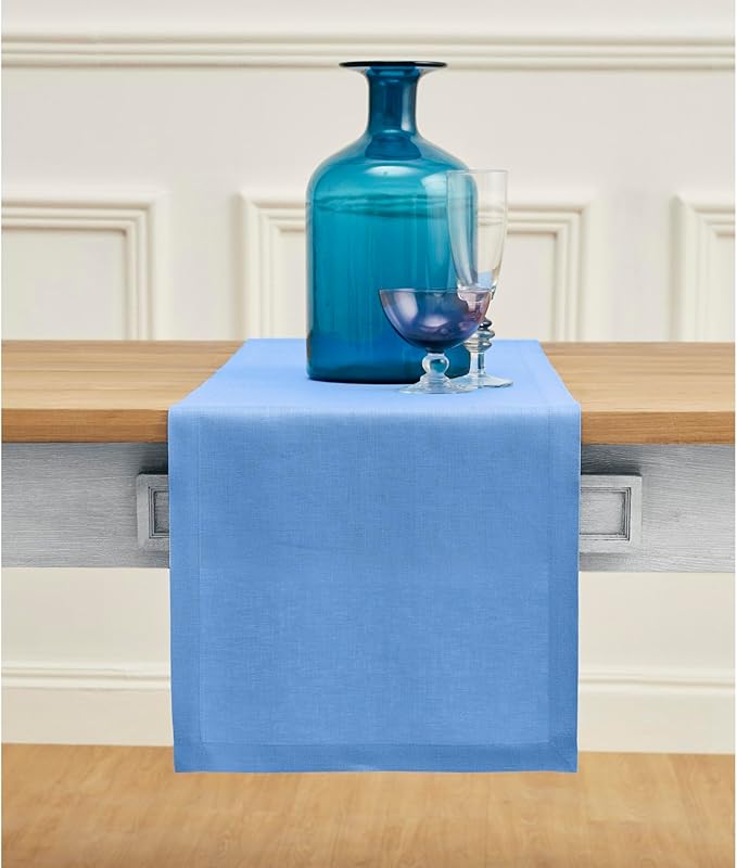 Solino Home Linen Table Runner 72 Inches Long - 100% Pure Linen Provence Blue Dining Table Runner 14 x 72 Inch for Summer - Fete