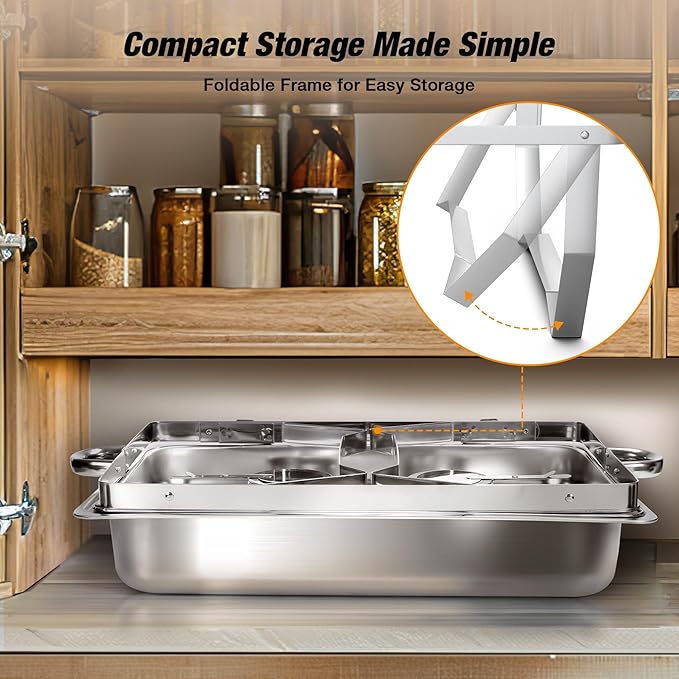 Chafing Dishes for Buffet 9QT 6 Pack,Easy Assembly, Food-Grade Stainless Steel Chafers for Catering w/Rolled Rim, Foldable Frame, for Party, Banquet (Full Size Food Pan)