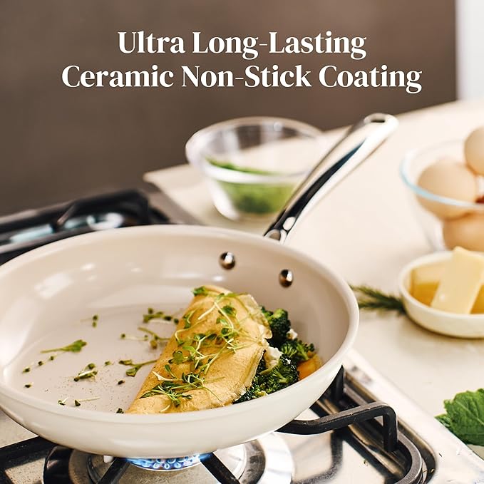 Redchef Ceramic Non Stick Egg Pans, Nonstick Frying Pan Skillet, 8 inch Cooking Pan Non Toxic with Stay Cool Handle for Induction, PTFE & PFAS & PFOA Free, Dishwasher/Oven Safe (Beige White)