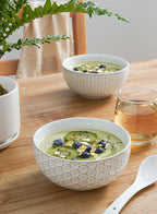 LE TAUCI Cereal bowls 26 oz, Ceramic Soup Bowl for Kitchen, Embossment Stoneware Bowl for Pho, Chip, Fruits, Salad, Noodle, Ramen, Suit For Housewarming - 6 Inch, Set of 4, Arctic white