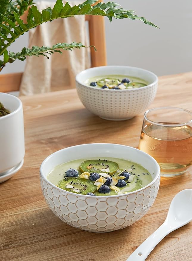 LE TAUCI Cereal bowls 26 oz, Ceramic Soup Bowl for Kitchen, Embossment Stoneware Bowl for Pho, Chip, Fruits, Salad, Noodle, Ramen, Suit For Housewarming - 6 Inch, Set of 4, Arctic white
