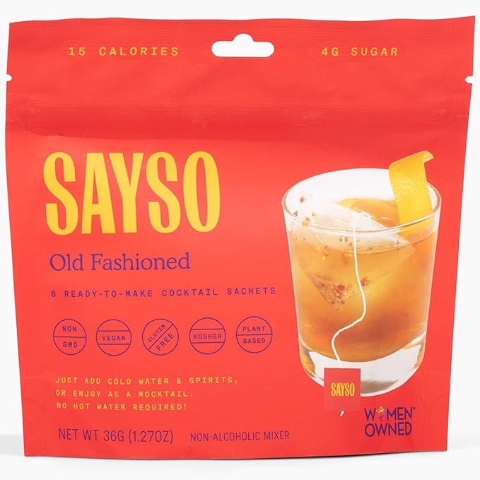 SAYSO Old Fashioned Original Craft Cocktail Tea Bag | Under 1 Min (With Bitters & Orange) | Steep in Whiskey & Cold Water |Organic, Certified Gluten-free & Non-GMO| (<4G Sugar, 15 Calories), 8 count