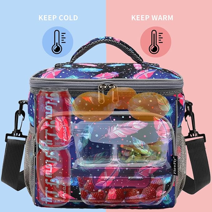 FlowFly Insulated Reusable Lunch Bag Adult Large Lunch Box for Women and Men with Adjustable Shoulder Strap,Front Zipper Pocket and Dual Large Mesh Side Pockets,Feather