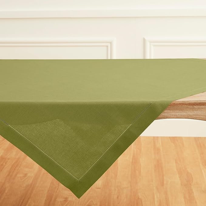 Solino Home Avocado Green Linen Tablecloth 52 x 52 Inch - 100% Pure Linen Square Table Throw - Classic Hemstitch, Machine Washable Table Cloth for Summer, Fall, Autumn