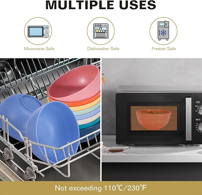 Cereal Bowls, 26 Oz Unbreakable Plastic Cereal Wheat Straw Bowl Sets of 8, Lightweight Microwave Dishwasher Safe Reusable BPA-Free for Kitchen Soup Salad Noodle Desert, Multicolor