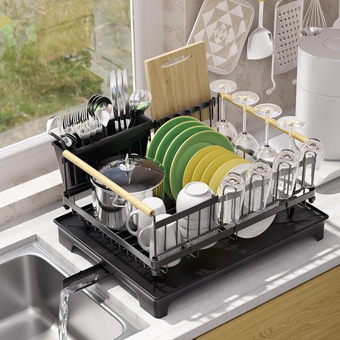 Dish Drying Rack with Drainboard, Rustproof Dish Rack for Kitchen Counter, Large-Capacity Dish Drainer with Cutlery Holder, Sturdy Kitchen Organizer for Dishes, Spoons and Forks