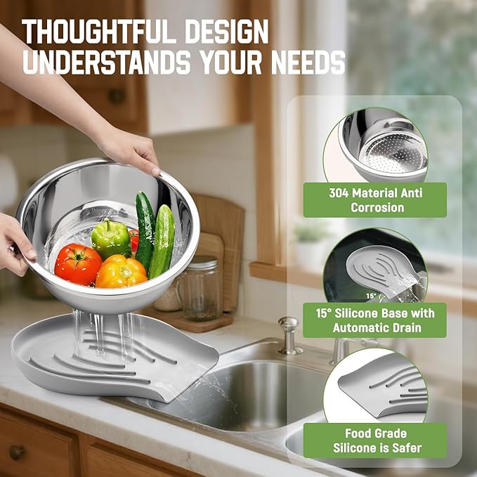 304 Stainless Steel Colander with Self-Draining Base, Goldusk 5QT Food-Grade Silicone Base Large Colander Strainer for Kitchen Pasta Strainer Washing Bowl for Pasta Rice Fruits Vegetables