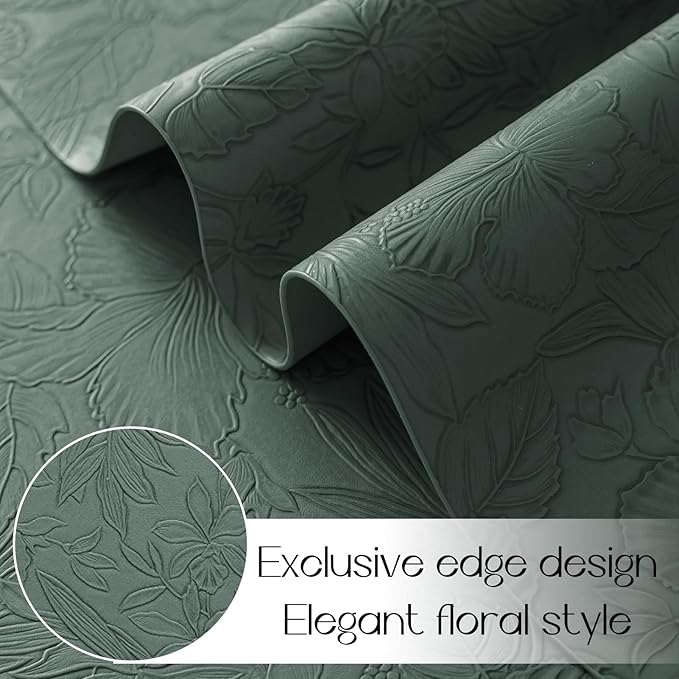 Romanstile Vinyl Placemats Set of 4-12 X 18 Inch - Heat Resistant Non-Slip Embossed Floral Place Mats 100% Waterproof Oilproof Wipeable Faux Leather Table Mats for Kitchen/Dining/Party, Green