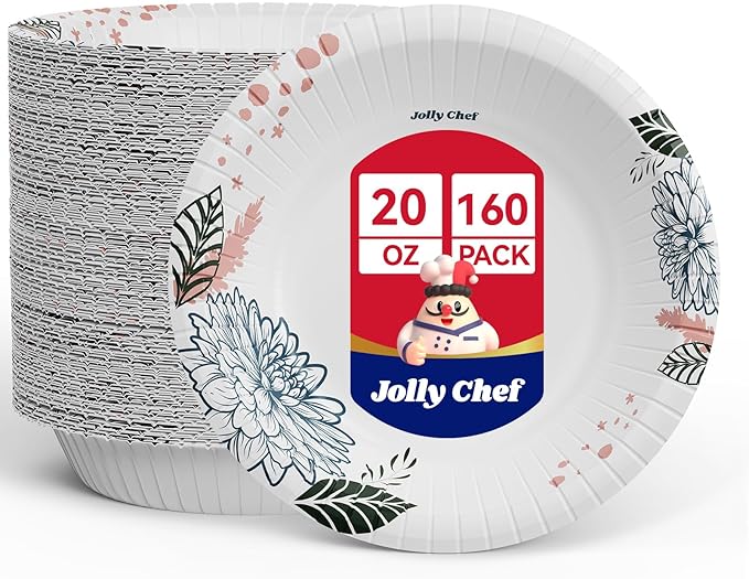 JOLLY CHEF 160 Count Paper Bowls 20 oz Soak Proof and Cut Proof Microwave Safe Heavy Duty Flower Printed Disposable Bowls Large for Dinner or Lunch