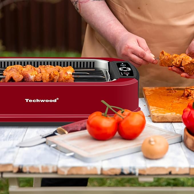 Techwood Smokeless Grill 1500W indoor Grill with Tempered Glass Lid, Compact & Portable Non-stick BBQ Grill, Turbo Smoke Extractor Technology, Drip Tray& Removable Plate