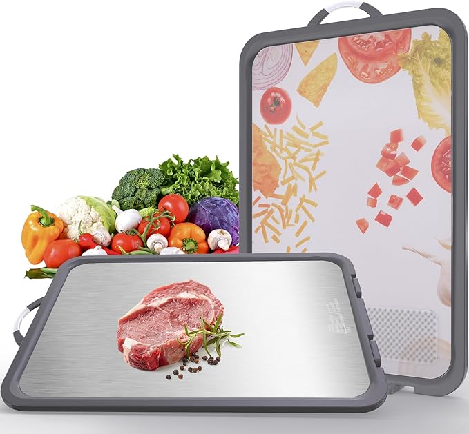 Titanium Cutting Board for Kitchen Large Cutting Boards Double-Sided Cutting Boards with Handle and Stand Stainless Steel Cutting Board and PP Chopping Board for Cutting Meats &Vegetables