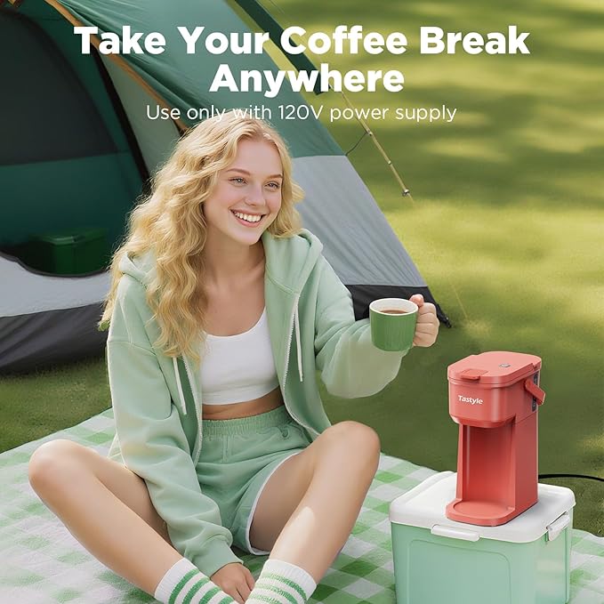 Single Serve One Cup Coffee Maker, for K Cups and Grounds, Mini Coffee Maker with Portable Handle, 6 to 12 Oz Brew Size, for Travel, Camping, Office, RV and Dorm, 120V, Salmon Pink