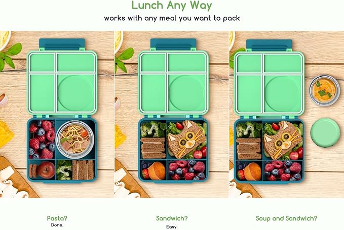 Bento Box for Kids - Leak-Proof Lunch Box with Insulated Thermos Food Jar - 4 Compartments, 1 Removable Divider, 1Spoon, 1 Fork - Dishwasher Safe, BPA-Free (Green)