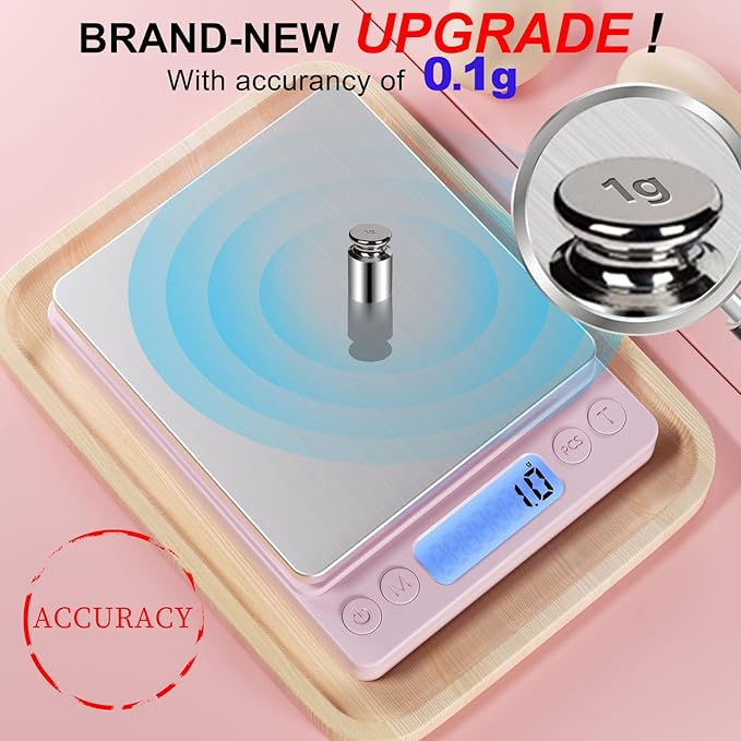 Digital Food Scale for Food Ounces and Grams，YONCON 3000g/0.1gram Accuracy Multifunctional Kitchen Scale for Cooking, Baking | Small Size for Easy Storage | Tare Function, Pink