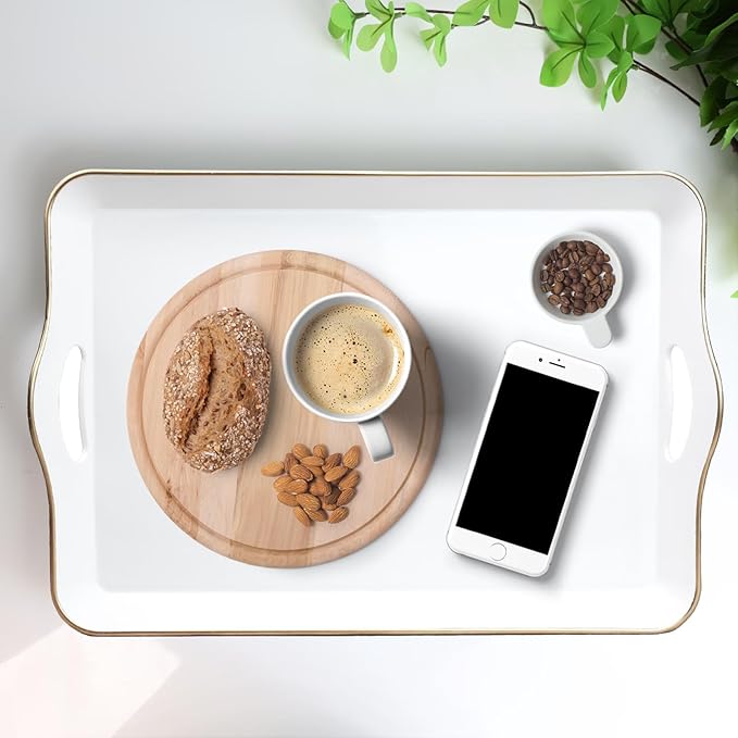 Spsyrine White Decorative Serving Tray with Handles, Elegant Plastic Coffee Table Tray for Ottoman, Living Room, Home Decor