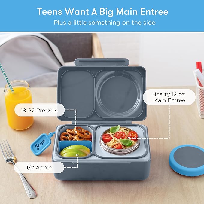 Omie OmieBox UP bento Box for Kids | Insulated Lunch Box | Leak Proof Vacuum Insulated Thermal Food jar | Cooler ice Pack | 2 Compartments (Graphite)