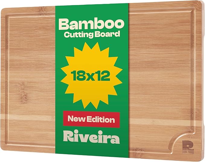 Riveira Brown Bamboo Wood Cutting Board – Gourmet Bamboo Grandeur: 18 x 12 Wooden Cutting Board – Wooden Cutting Boards For Kitchen Decorative – Innovative Juice Grooves Wooden Chopping Board