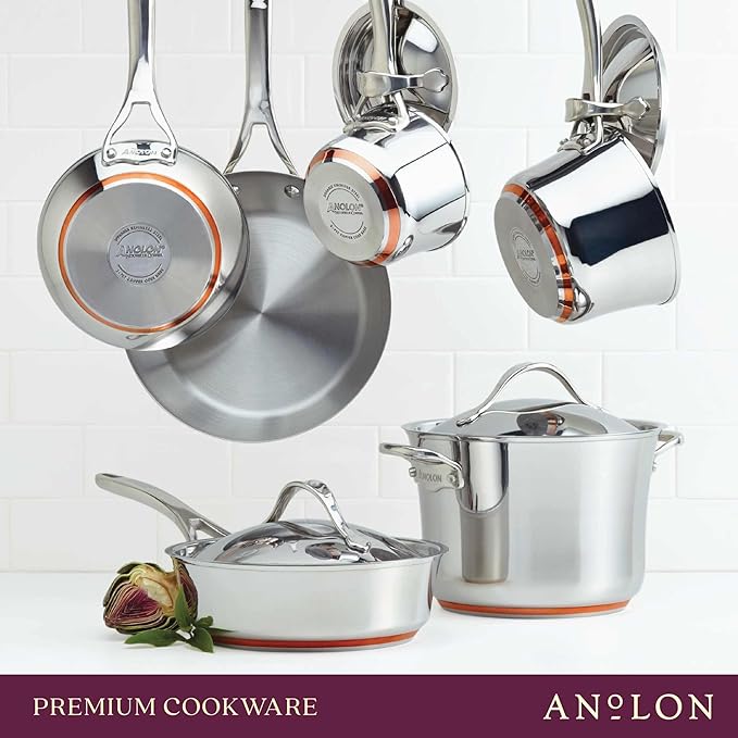 Anolon Nouvelle Stainless Stainless Steel Frying Pan Set / Fry Pan Set / Skillet Set - 8 Inch and 9.5 Inch , Silver