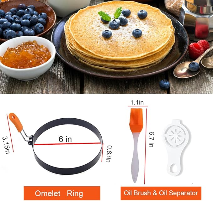 Pancake Ring for Griddle,2 Packs 6 Inch Non-stick Stainless Steel Pancake Rings Omelette Ring,6" Muffin Ring Pancakes Maker Crumpet Ring Fried Egg Ring Pancake Shaper Circle with Silicone Handle
