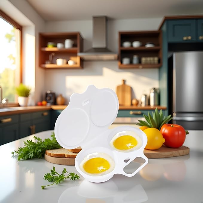 White Egg Poacher, Microwave Egg Boiler Poacher, 2 Cavity Nonstick Poached Egg Maker With Lid, Egg Poacher Microwave Egg Cooker, Double Drain Poached Egg Cups Cookware,Kitchen and Dining