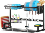 PUSDON Over Sink Dish Drying Rack Stainless Steel, Adjustable Large Dish Drainer for Storage Kitchen Organization Black 2 Tier-Simplified(26"-38")