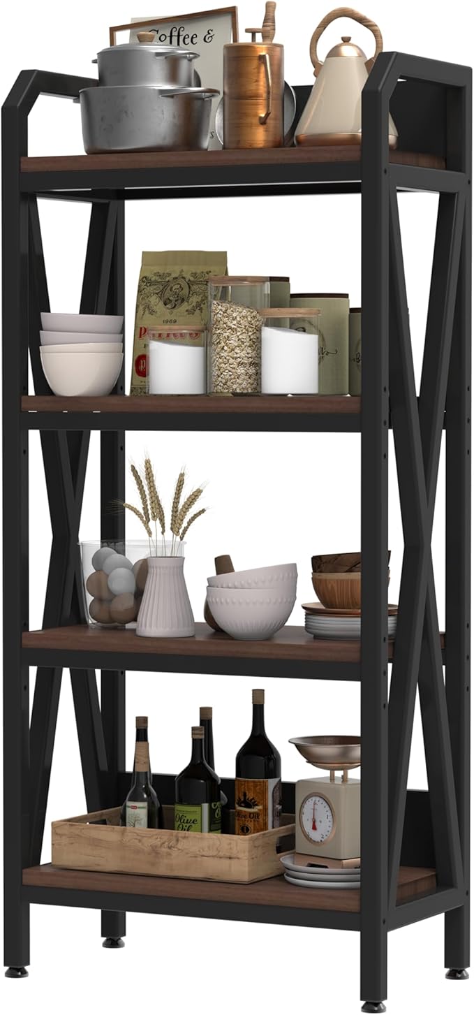 KEIKI 4-Tier Kitchen Bakers Rack with Storage, 55'' Bookcase Shelf Adjustable Shelves Freestanding, Microwave Stand, Bakers Rack for Kitchen, Garage, Pantry, Bathroom