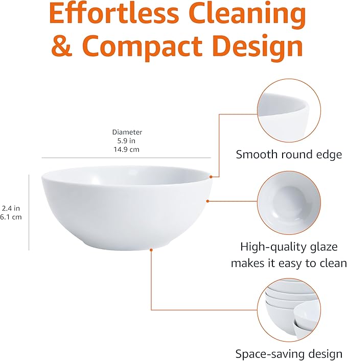 Amazon Basics 16-Pack White Porcelain Coupe Bowl, 5.9" diameter, Round, Microwave-safe, Commercial-grade