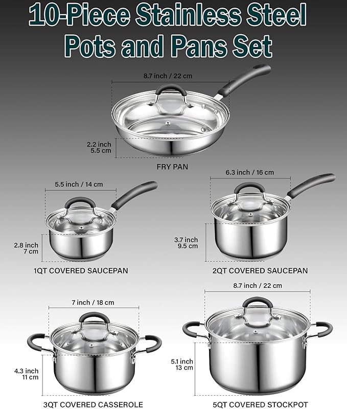 Cook N Home Stainless Steel Cookware Sets 10-Piece, Pots and Pans Kitchen Cooking Set with Stay-Cool Handles, Dishwasher Safe, Silver