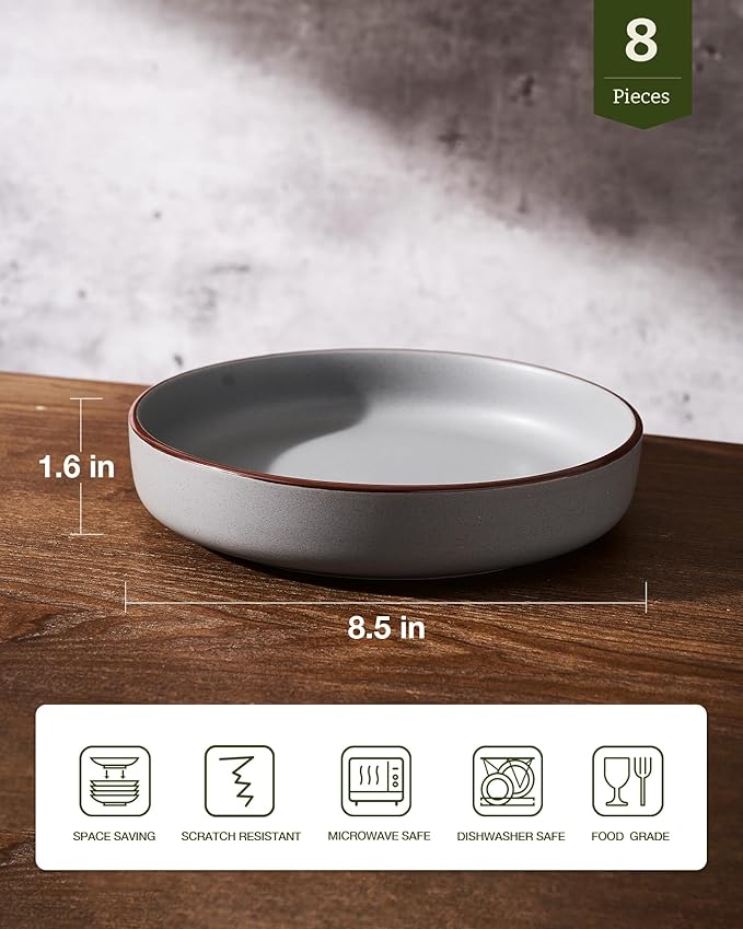 famiware Mercury Pasta Bowls Set of 8, 33 oz Large Salad Bowls, Ceramic Pasta Plates Bowls, Serving Bowls for Kitchen, Microwave & Dishwasher Safe, Dark Gray