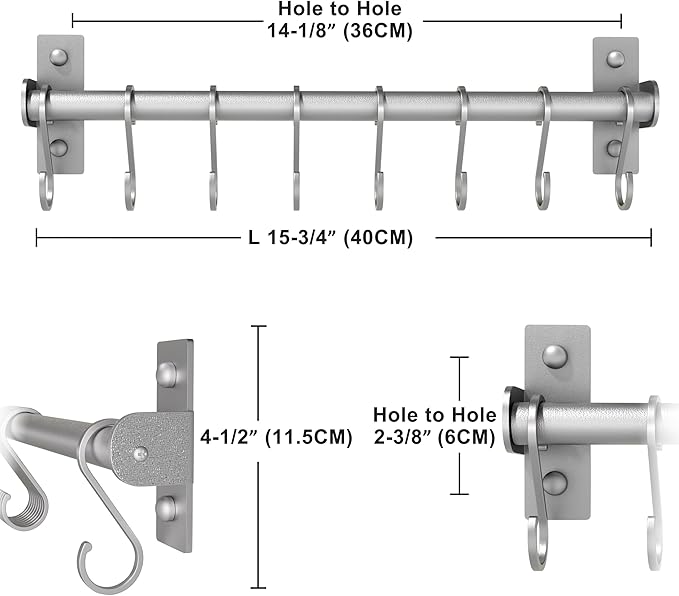Dseap Kitchen Utensil Holder Hanger, Pot and Pan Rack Wall Mounted, Kitchen Rail with 8 Hooks for Hanging Cooking Utensils, Mugs, Spoons, Wall Mounted, Silver