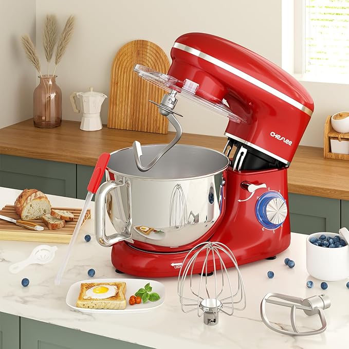 CHeflee Stand Mixer,600W 6+P With 6.5QT Stainless Steel Bowl,Dough Hook, Wire Whip & Beater,for Most Home Cooks,Red