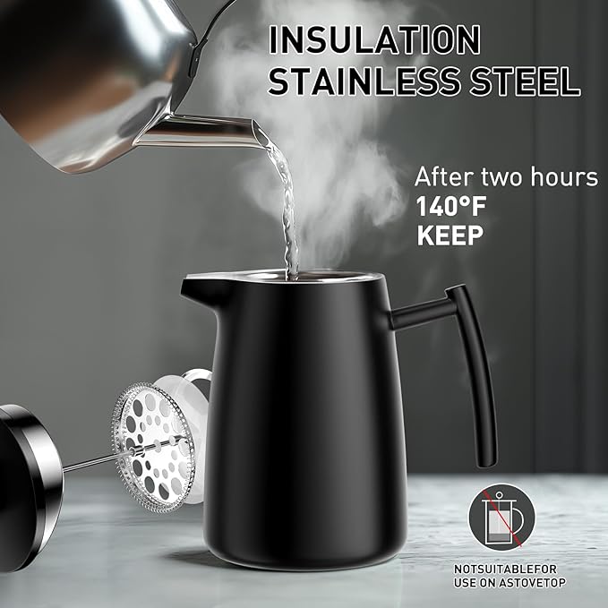 Secura 50oz French Press Coffee Maker – 304 Stainless Steel, Insulated Coffee Press with Extra Filter, Black