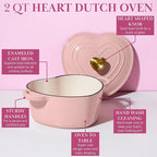Paris Hilton Enameled Cast Iron Dutch Oven Heart-Shaped Pot with Lid, Dual Handles, Works on All Stovetops, Oven Safe to 500°F, 2-Quart, Pink