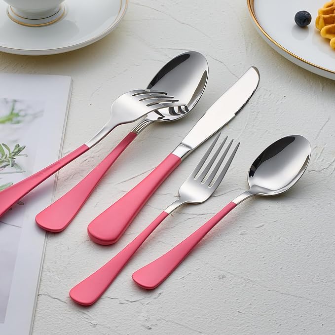 20-Pieces Pink Silverware Sets for 4,Pink Handle Stainless Steel Cutlery Set, Include Forks Spoons and Knives Set, Dishwasher Safe Utensil Sets for Home Restaurant